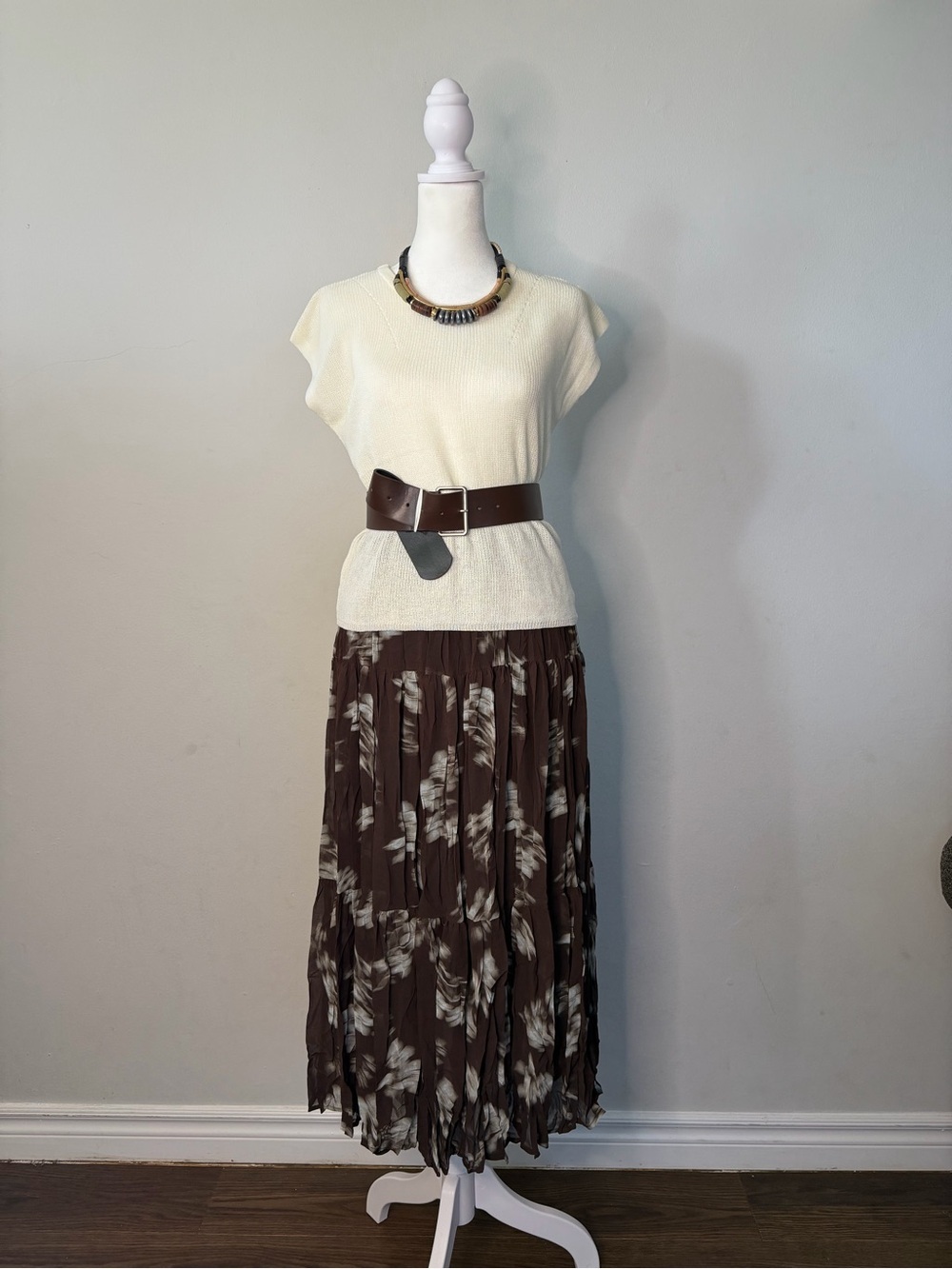 Cream Knit Top and Brown Floral Pleated Skirt Set - BELT INCLUDED